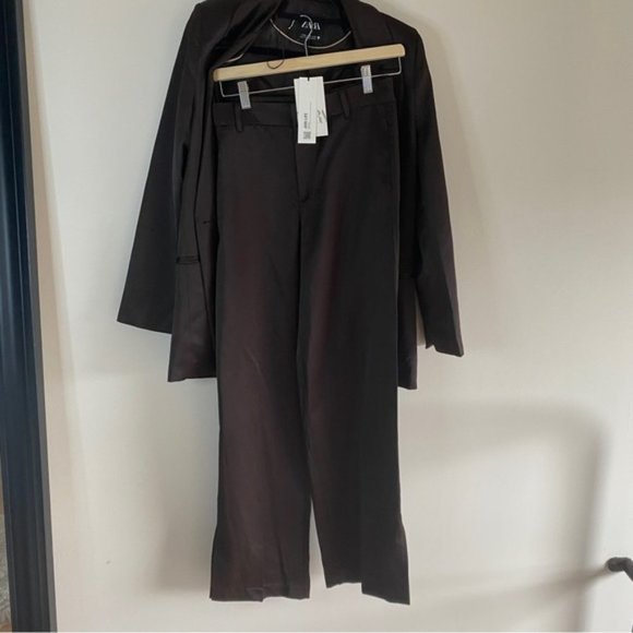 𝅺zara 2 Piece SUIT - BLAZER AND FULL LENGTH SATIN EFFECT PANTS BROWN - Picture 15 of 16